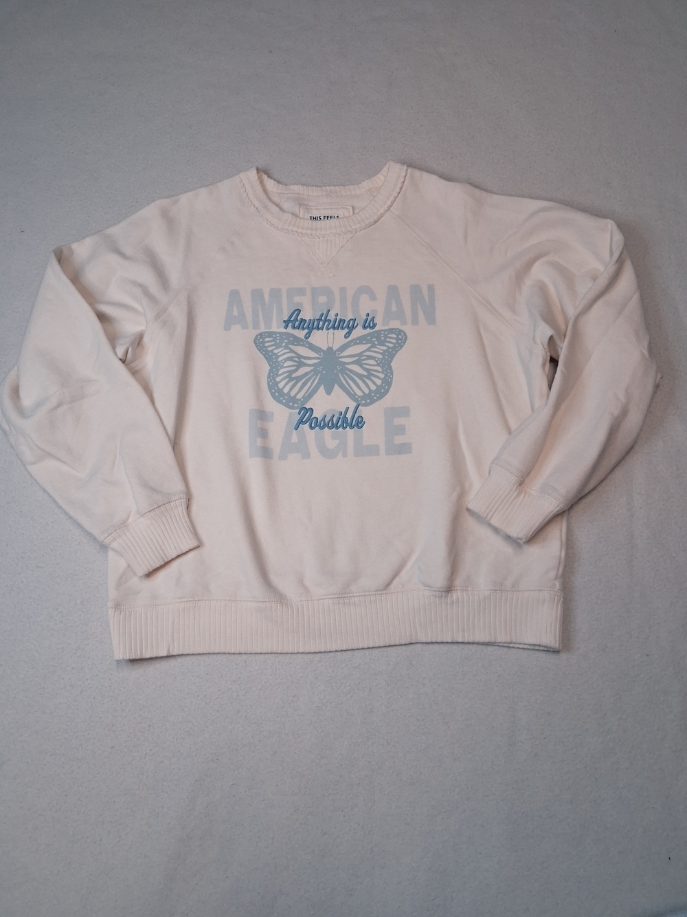 American Eagle Outfitters Cream Pullover Sweatshirt with Light Blue Graphic